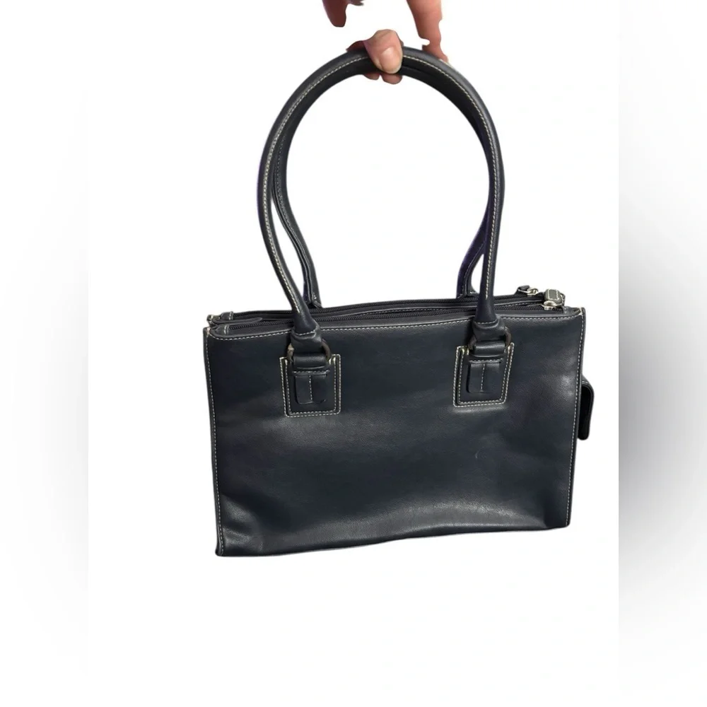Vintage Chic Navy Faux Leather Satchel with Lots of Storage and Silver Accents